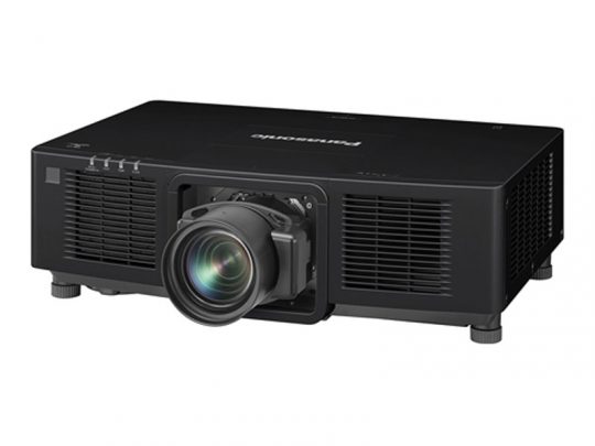 Black Panasonic projector with a large central lens, side ventilation grilles, and control buttons on the top left corner, displayed on a white background.