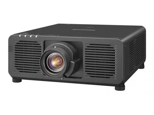 Panasonic black projector with central large lens, side vents, and top-left control buttons, displayed on a white background.