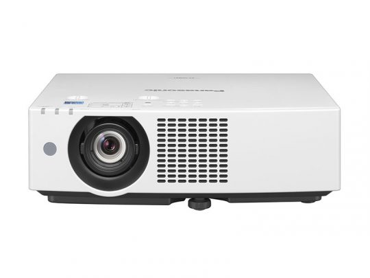 Panasonic projector front view – a white, rectangular projector with a large central lens, right-side air vents, and top control buttons. Suitable for home theater or business presentations.