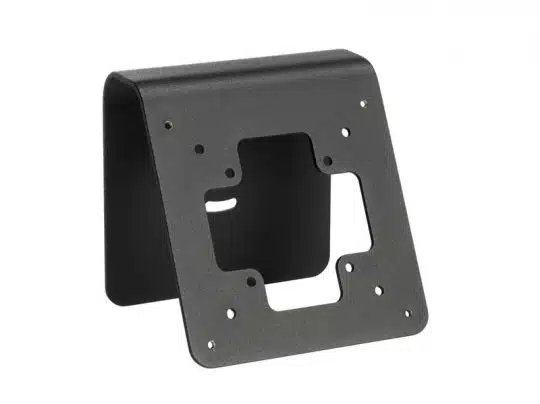 Black metal mounting bracket for electronics, featuring multiple holes and cutouts for attaching monitors or screens. The angled bracket is displayed on a white background, showing its sturdy design and versatile mounting options.