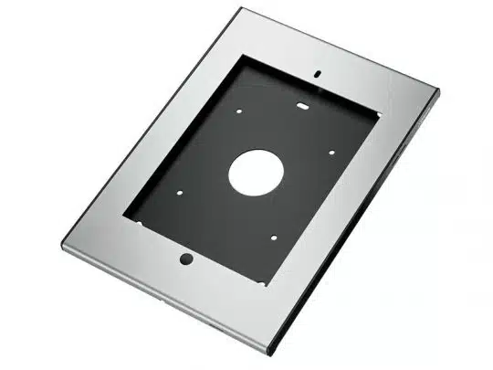 Brushed metal rectangular wall plate with large central cutout and several smaller mounting holes, designed for installing electronic or electrical devices.