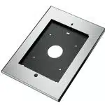 Brushed metal wall plate with large central cutout and multiple screw holes, ideal for mounting electronic devices or control panels; rectangular design suits modern installations.