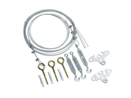 Wire Hanging Kit product image showing metal cables, three screw eyes, three wall anchors, two turnbuckles, and two metal brackets neatly arranged on a white background. Ideal for picture or light fixture installation.