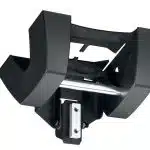 Black metal forklift clamp attachment with two curved prongs and a sturdy mounting bracket, designed for securely gripping and lifting objects; displayed on a white background.