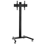 Black mobile TV stand with central vertical pole, adjustable TV mounting brackets, and four swivel caster wheels for mobility. Ideal for offices or home use, suitable for flat-screen TVs.