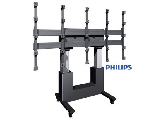 Philips black mobile TV stand with adjustable metal mounts for multi-screen videowall setups, shown on wheels with the Philips logo displayed to the right.