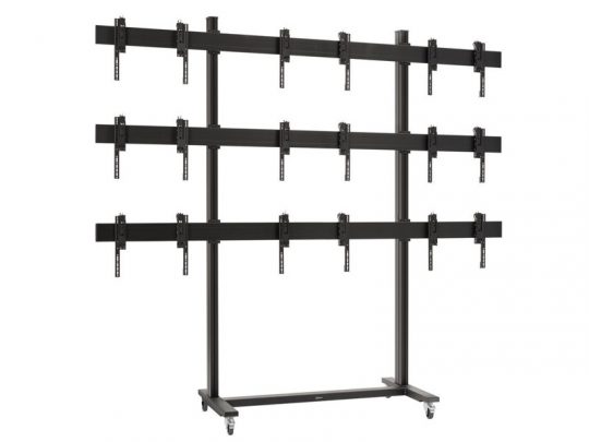 Black metal TV wall mount stand on wheels, designed to hold nine screens in a 3x3 grid; features adjustable brackets on three horizontal bars for secure and flexible display mounting—ideal for video walls or conference setups.