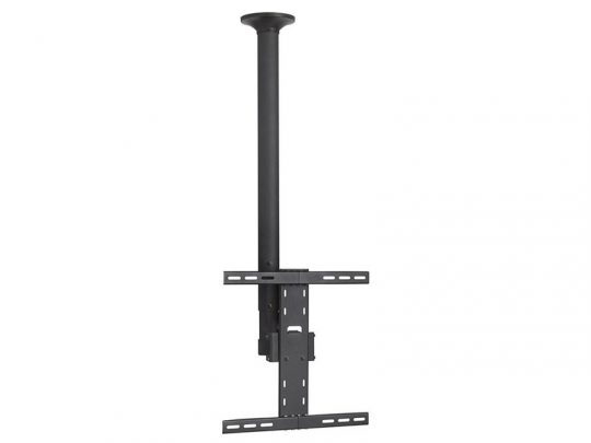 Black metal ceiling TV mount with a long vertical pole and adjustable horizontal brackets for mounting a flat-screen television. Ideal for saving space and providing flexible viewing angles in homes or offices.
