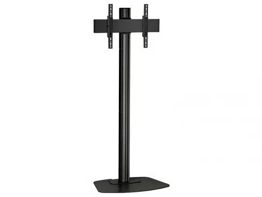 Black metal TV stand with sturdy rectangular base and vertical pole, featuring adjustable mounting bracket for flat-screen televisions.