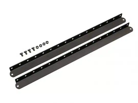 Pair of black metal rack mount brackets with multiple pre-drilled holes, shown with six matching screws and six nuts on a white background. Ideal for secure mounting of equipment in server racks or network cabinets.