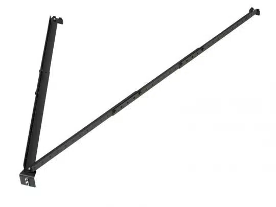 Black V-shaped metal support bracket with multiple evenly spaced holes, designed for mounting or structural reinforcement; sturdy steel construction suitable for shelving or furniture applications.