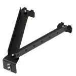 Black metal adjustable wall mount bracket with two extended arms featuring multiple positioning holes, and a sturdy base plate with screws for secure installation—ideal for supporting shelves, TVs, or monitors.