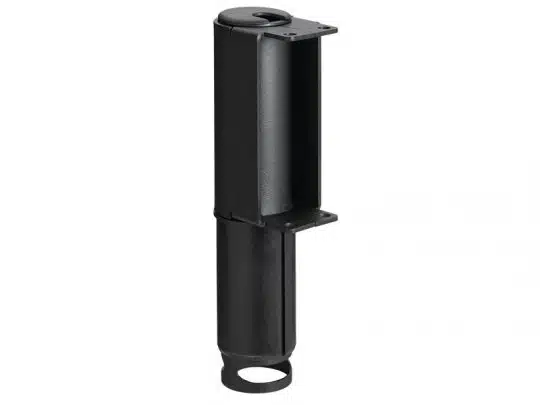 Black metal cylindrical bracket with a rectangular casing and mounting plate, standing upright on a white background—ideal as a heavy-duty support component or mounting bracket for industrial use.