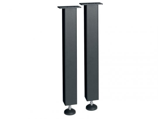 Pair of black metal table legs with square mounting plates—Two tall, rectangular steel table legs featuring square mounting plates at the top for easy attachment and round adjustable feet at the bottom for leveling, shown side by side against a white background. Ideal for DIY furniture projects or replacing old table bases.