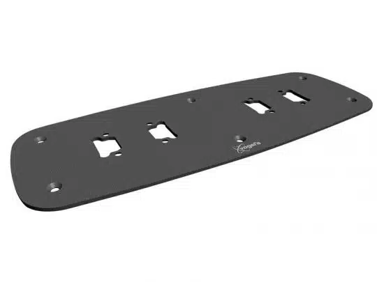 Black rectangular mounting plate with beveled edges, textured surface, four corner holes, three central cutouts for hardware installation, and a small logo printed on one side. Ideal for secure mounting in various applications.