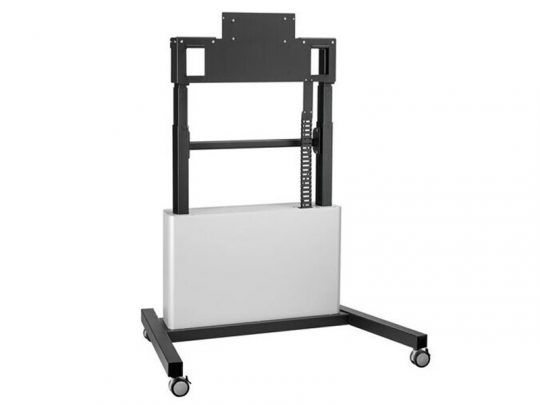 Adjustable black and white TV or monitor stand on wheels, featuring a sturdy mounting plate, vertical frame, and a chain mechanism for easy height adjustment; ideal for flexible screen placement in offices or homes.