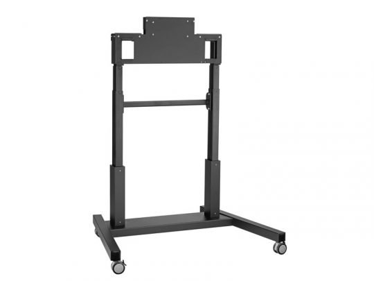 Black metal TV or monitor stand on four wheels with a rectangular frame, adjustable height, and a top mounting plate; the stand is empty with no screen attached. Perfect for mobile flat-screen displays.