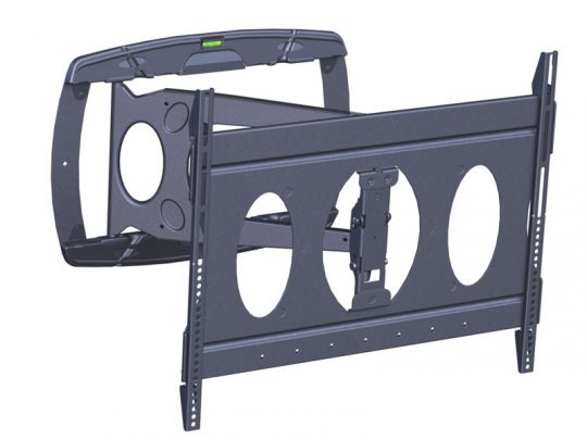 Black metal TV wall mount bracket with adjustable arms and a built-in bubble level at the top, designed for flat screen TVs; offers flexible positioning and sturdy support for home or office use.