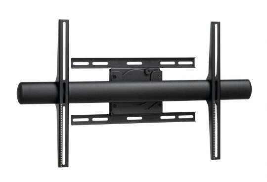Black wall-mounted TV bracket with adjustable arms and a cylindrical horizontal bar, designed to securely hold a flat-screen television. The TV mount is displayed against a plain white background.