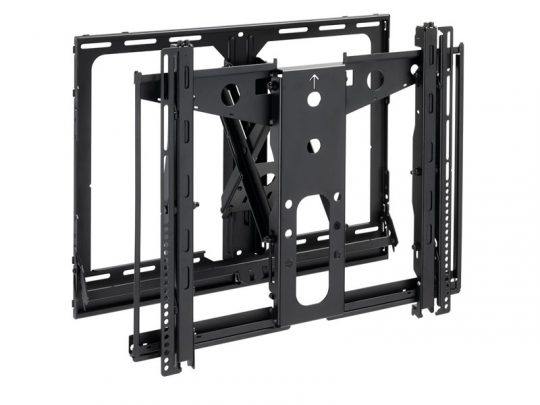 Black metal wall mount bracket for flat screen TV or monitor, featuring multiple adjustment slots, extendable arms, and mounting holes; product is shown partially extended against a white background.
