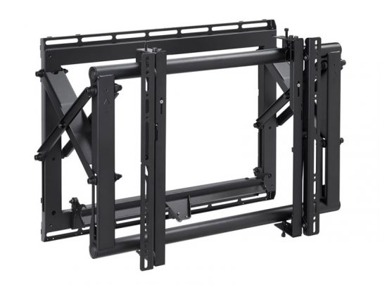 Black metal articulating TV wall mount with adjustable arms and brackets for flat-screen TVs, designed to extend, swivel, and tilt for optimal viewing angles.