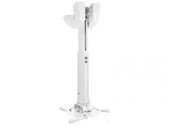 White ceiling-mounted projector bracket with adjustable arms and a central support column for securely holding and positioning projectors. Ideal universal projector mount for home theaters, offices, or classrooms.