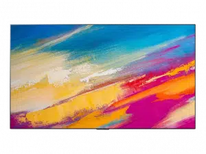 Flat-screen hotel TV with ultra-thin bezels displaying a vibrant abstract painting in blue, yellow, white, orange, and pink tones; ideal for enhancing modern room décor—buy hotel TVs online for stylish interiors.