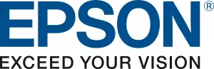 Epson logo featuring EPSON in bold blue uppercase letters, with the tagline EXCEED YOUR VISION in smaller black font beneath. Promote your space with Epson projectors for superior visuals and exceptional image quality.