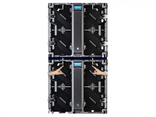 Two large rectangular black LED display panels, stacked vertically, with silver handles in the center of each panel; two hands point at the seam between the LED panels.