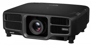 Black Epson projector with central lens, vented sides, and four adjustable feet, designed for high-quality image projection. Buy Epson projectors for reliable performance and stunning visuals.