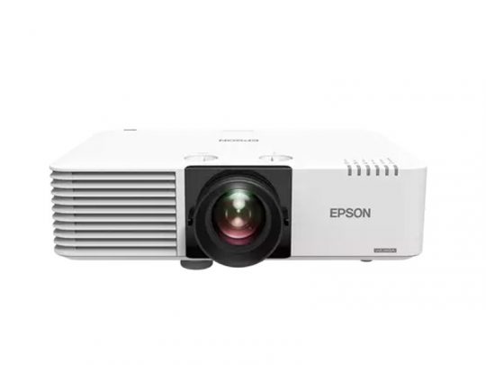 Front view of a white Epson projector, showing a large central lens, side ventilation grilles, and the EPSON logo on the right—ideal for home or office presentations.