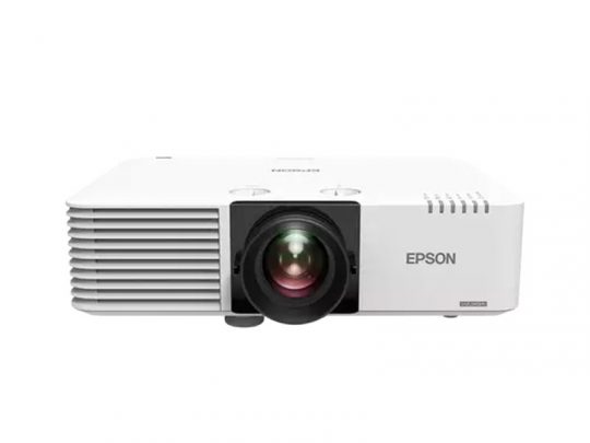 Epson projector front view on white background, showing central lens, left-side ventilation grilles, and Epson logo on the right; compact white design ideal for home or office use.