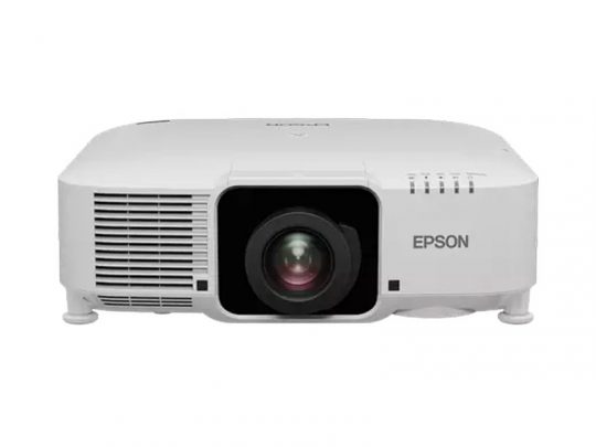White Epson projector with a central lens, left-side ventilation grilles, and Epson logo on the right, displayed on a plain white background.