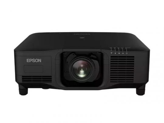 Black Epson projector viewed from the front, featuring a central lens, side ventilation grills, and control buttons on the top right; ideal for home theater or office presentations.