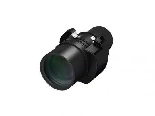 Close-up photo of a black camera lens, featuring textured adjustment rings and a clear glass element, isolated on a white background. This product image showcases the professional design and details of the camera lens for photography equipment enthusiasts.