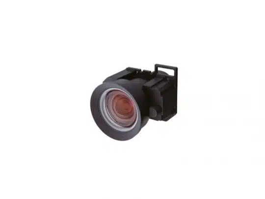 Black camera lens with red-tinted glass attached to a rectangular mount, isolated on a white background.