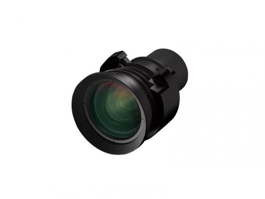 Black camera lens with textured focus rings and clear glass elements, isolated on a white background—ideal for DSLR and mirrorless cameras.
