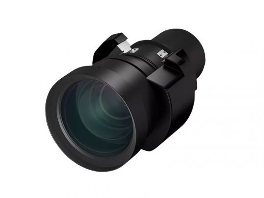 Large black camera lens with visible glass elements and adjustment rings, shown at an angle on a plain white background. Perfect for photography enthusiasts seeking a high-performance DSLR or mirrorless camera lens.