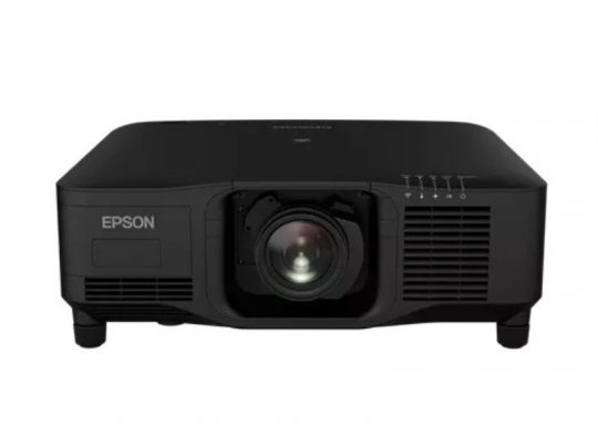 Epson black projector front view showing central lens, side ventilation grilles, and top right control buttons; ideal for home or office presentations.