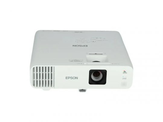 Epson projector in white, featuring a lens on the lower right, ventilation grilles on the left side, and control buttons on top, displayed against a plain white background.