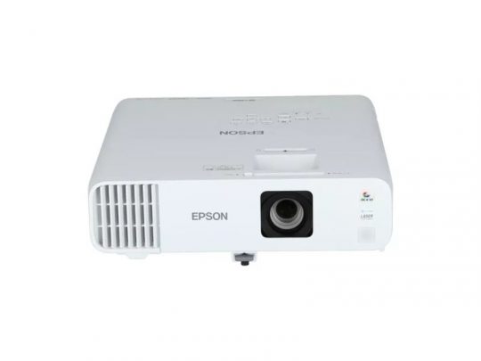 Front view of a white Epson projector featuring a central lens, left-side ventilation grill, and top control buttons, displayed on a plain white background. Ideal alt text for visually impaired users and SEO.