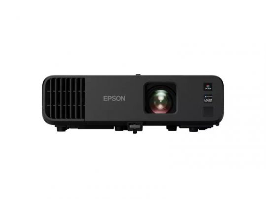 Front view of a black Epson projector, featuring a prominent lens on the right, ventilation grill on the left, and white EPSON logo in the center, displayed against a white background.