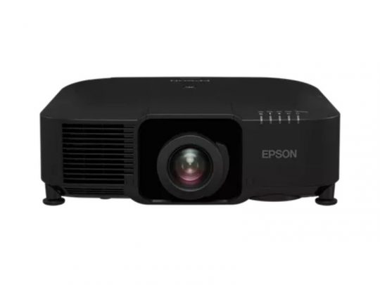 Black Epson projector featuring a central lens, left-side cooling vents, top right control buttons, and adjustable feet, displayed on a white background.