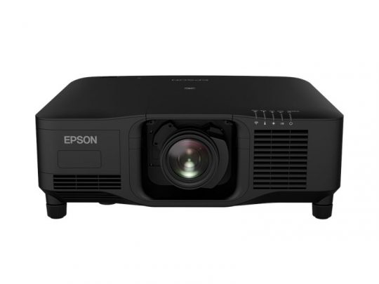 Front view of a black Epson projector, showing a large central lens, side vent grilles for cooling, and control buttons located on the top right. This Epson projector is designed for home theater or office presentations.