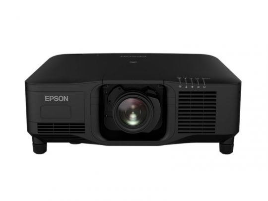 Front view of a black Epson projector, featuring a central lens, right-side air vents, and clearly marked control labels above the vents. This compact multimedia projector is ideal for home or office presentations.