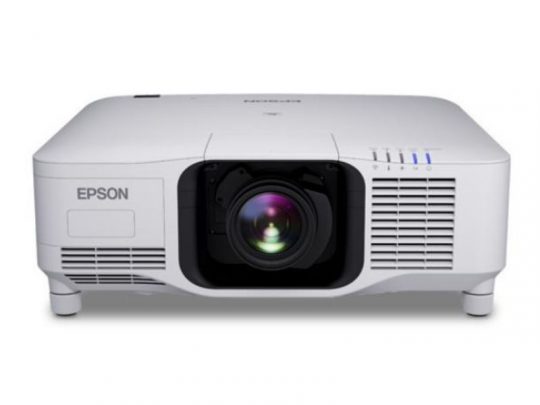 Epson projector front view showing a central lens, white body with side ventilation grilles, and four indicator lights on the top right. Ideal for presentations and home cinema use.