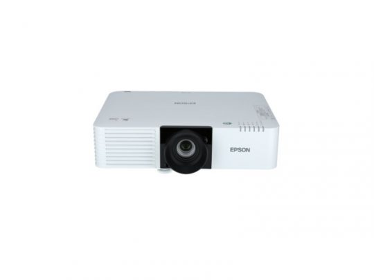 Front view of a white Epson projector, showing a central lens and left-side ventilation grills, displayed on a plain white background. Ideal for home or office presentations.