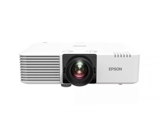Epson projector on white background; features a large central lens, cooling vents on the left, and the Epson logo on the right—ideal for clear, high-quality presentations.