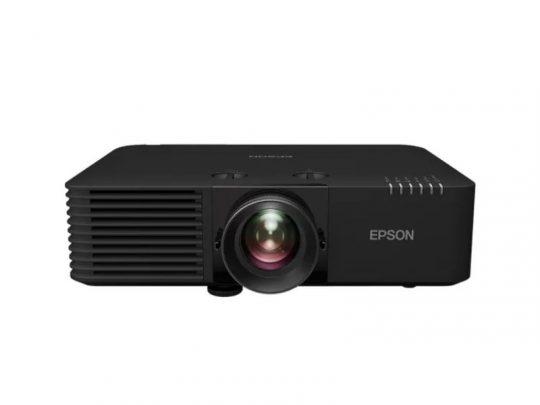 Front view of black Epson projector, featuring a prominent central lens and vented panel on the left, displayed against a plain white background.