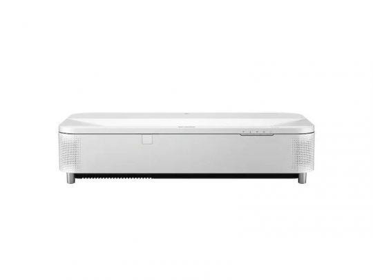 BenQ GV30 Portable Projector – Sleek white rectangular projector with minimalist design, front-facing air vents, top control buttons, and short silver legs, displayed on a plain white background. Ideal for home cinema or presentations.